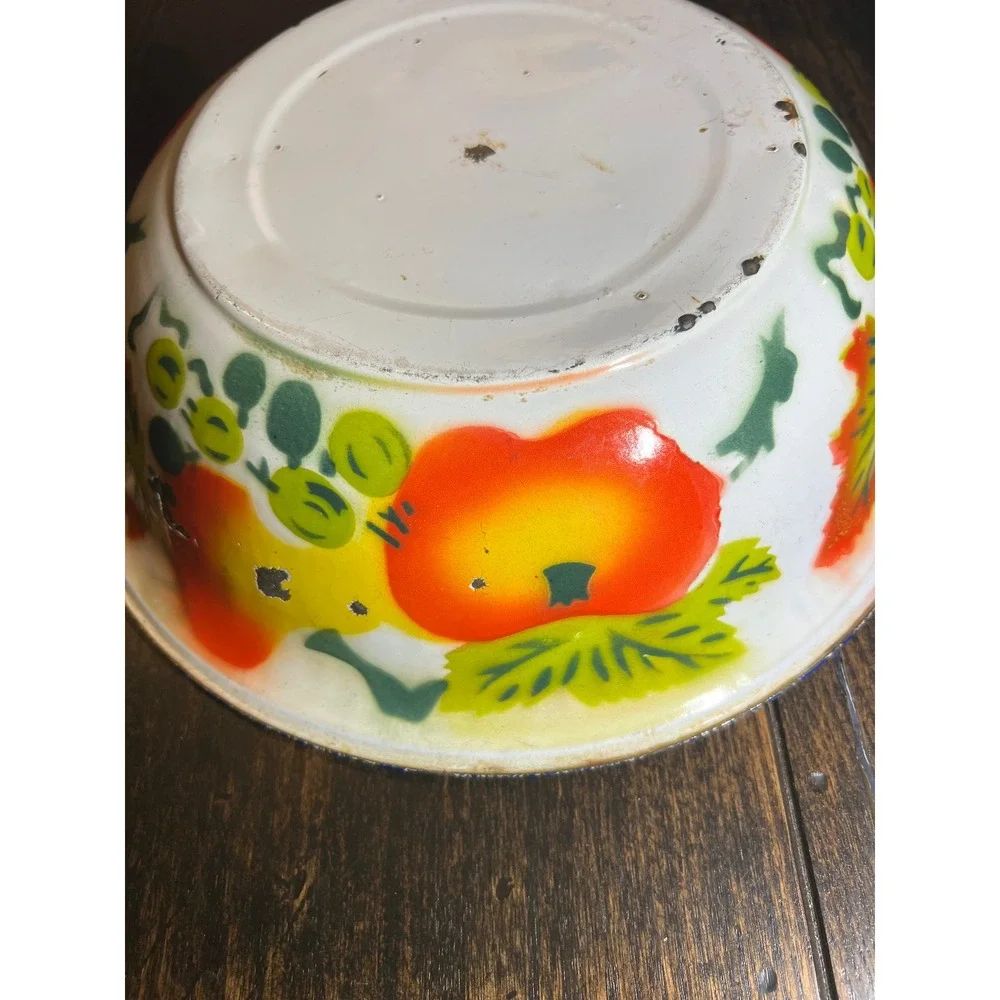 VTG Mid Century Enamel Bowl Fruit Apples Leaves Design Yellow Green Red Rustic